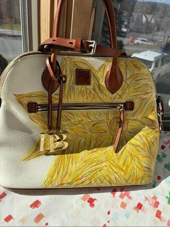 Dooney & Bourke White Leather Satchel with Yellow Floral - Picture 7 of 10
